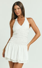 Judith Mini Dress - Shirred Halter Dress in White | Showpo