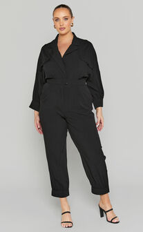 Ayelin Jumpsuit - Linen Look Relaxed 3/4 Sleeve Jumpsuit in Black