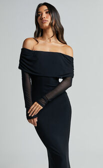Bethanie Maxi Dress - Off The Shoulder Mesh Dress in Black