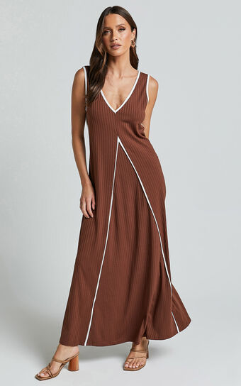 Cathleen Midi Dress Ribbed Sleeveless Low Back in Chocolate With White Contrast