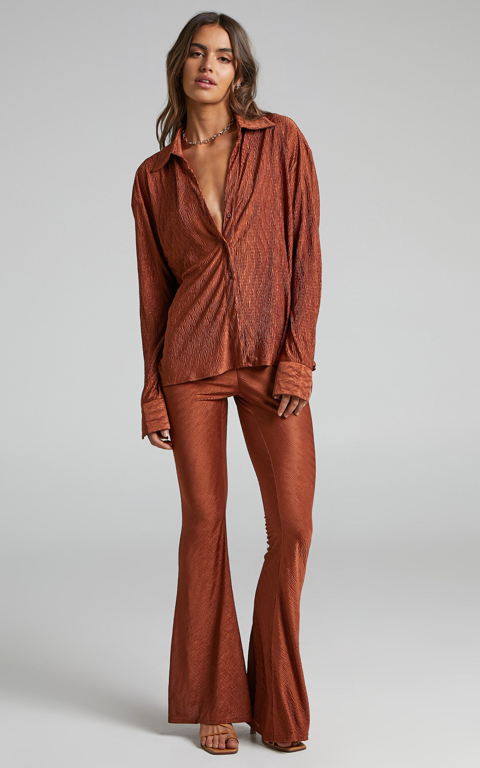 Rosamund Pants - High Waisted Crinkle Flared Pants in Clay - 04, BRN1
