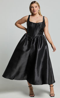 Courtney Midi Dress - Corset Panel Low Back Dress in Black