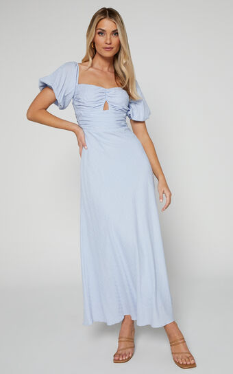 Vynna Midi Dress - Scoop Neck Puff Sleeve Ruched Bust A Line Dress in Blue