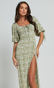 Rosario Midi Dress - Ruched Bust Puff Sleeve Dress in Olive Floral