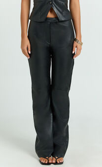 Marzia Pants - Faux Leather Mid Waisted Straight Leg Pants in Black