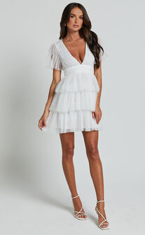 Danesa Mini Dress - Tulle Plunge Neck Short Flutter Sleeve Empire Waist Tiered Dress in White