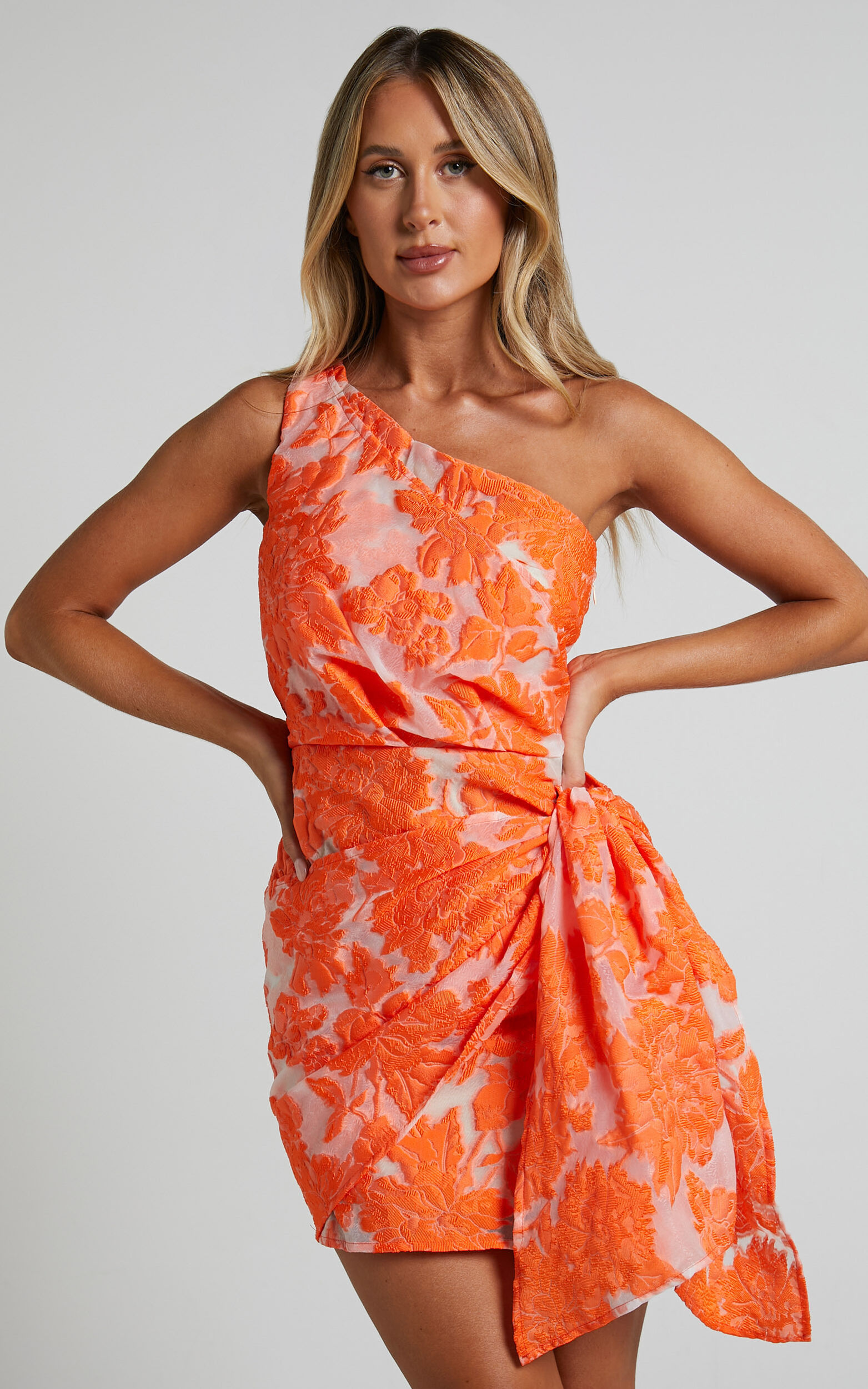 Kailey Mini Dress - One Shoulder Wrap Front Dress in Orange & Beige Jacquard - 04, ORG2