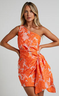 Kailey Mini Dress - One Shoulder Wrap Front Dress in Orange & Beige Jacquard