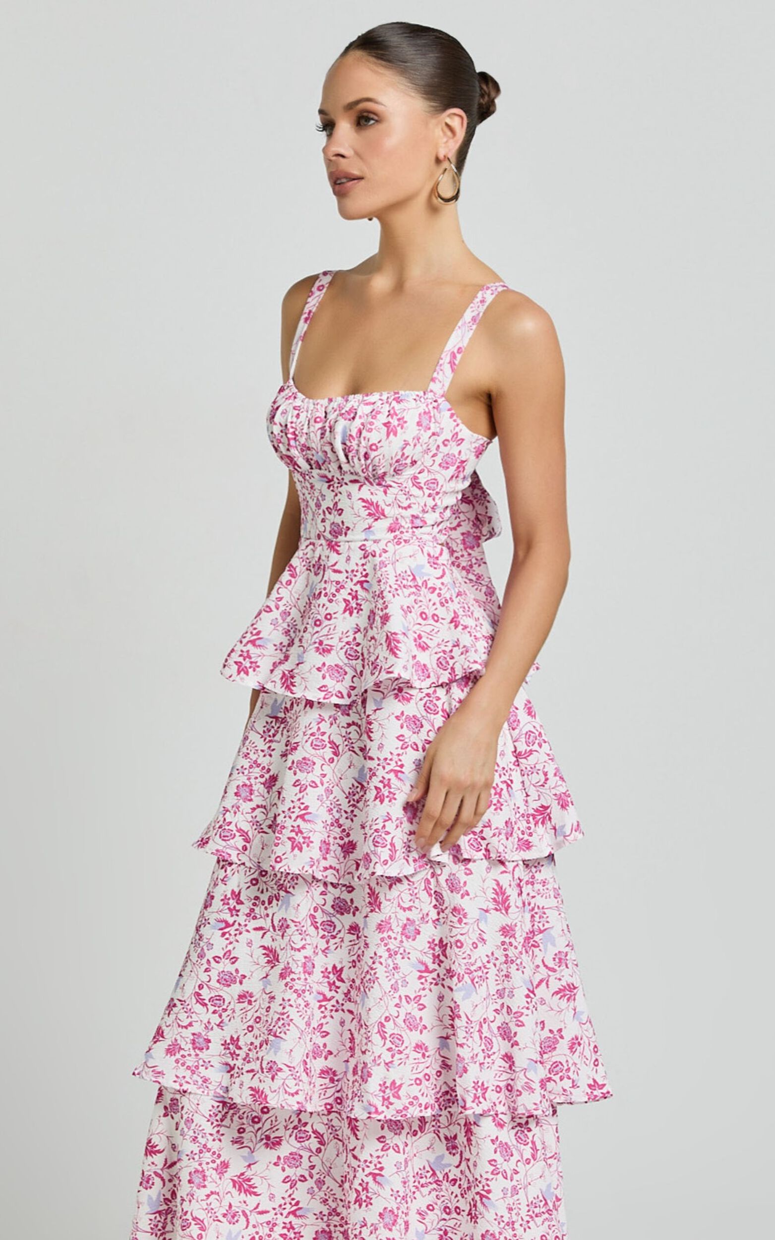 Lorma Midi Dress Ruched Layered Dress in Pink Floral Showpo