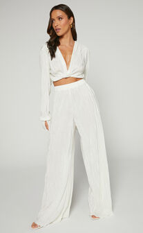 Pleated Shirt and Pants Set in Cream
