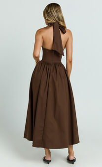 Helda Midi Dress - Halter Tie Neck Corset Panel Dress in Chocolate