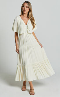 Danny Midi Dress - Ruffle Sleeve Tiered Dress in Natural