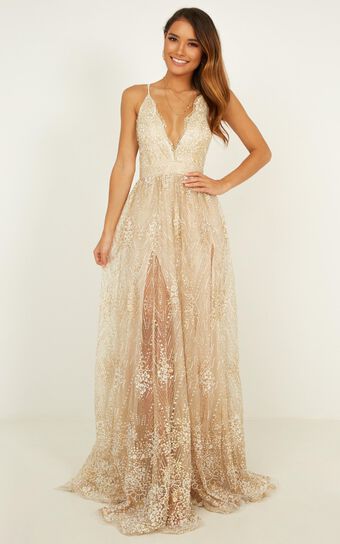 Her Crystal Eyes Maxi Dress in Gold Glitter Tulle