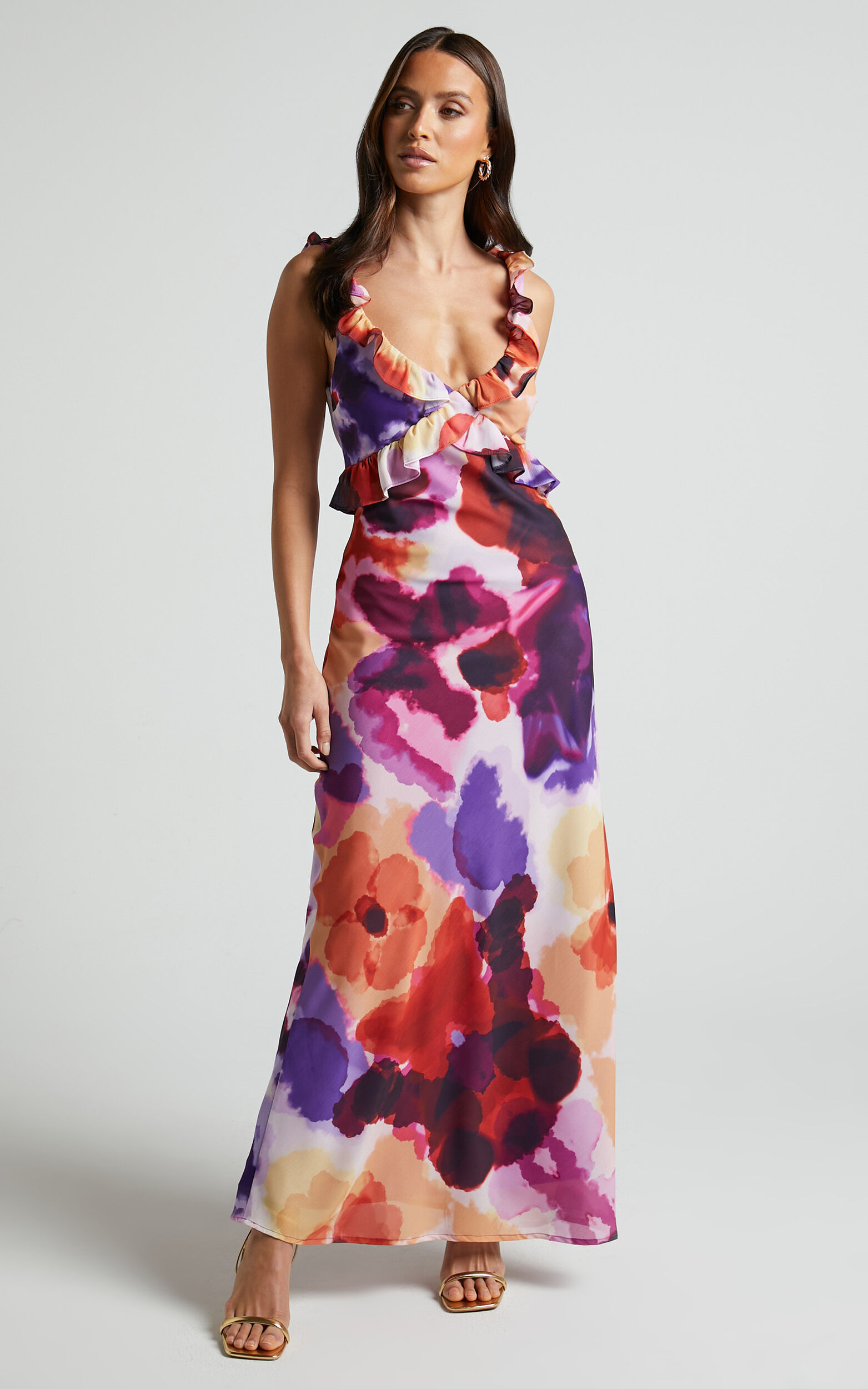 Charlie Midi Dress - V Neck Low Back Frill Detail Dress in Watercolour Floral - 06, ORG1