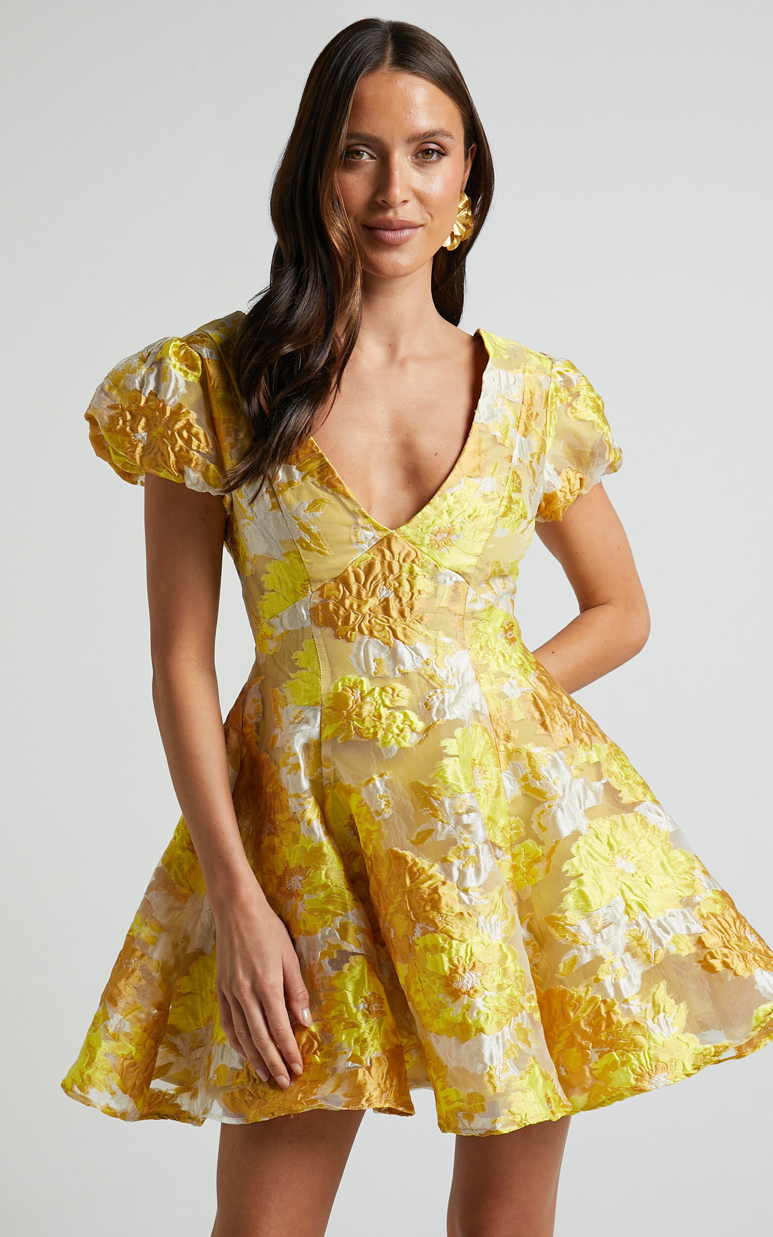 Yellow floral dress with sleeves cheap