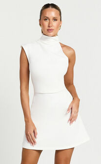 Rubie Mini Dress - High Neck Asymmetrical One Shoulder Dress in Off White