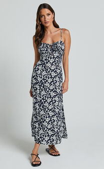 Ely Midi Dress - Strappy Ruched Bust Side Split Dress in Navy Floral