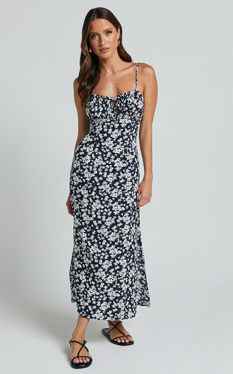 Ely Midi Dress Strappy Ruched Bust Side Split in Navy Floral Showpo