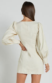 Desiree Mini Dress - Long Sleeve Zip Front Dress in Natural | Showpo