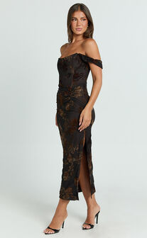 Karlene Midi Dress - Ruched Corset Burnout Dress in Black and Brown