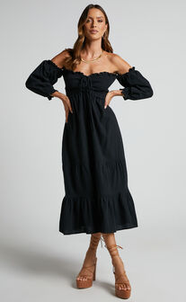 Nikka Midi Dress - Shirred Off Shoulder Puff Sleeve Dress in Black