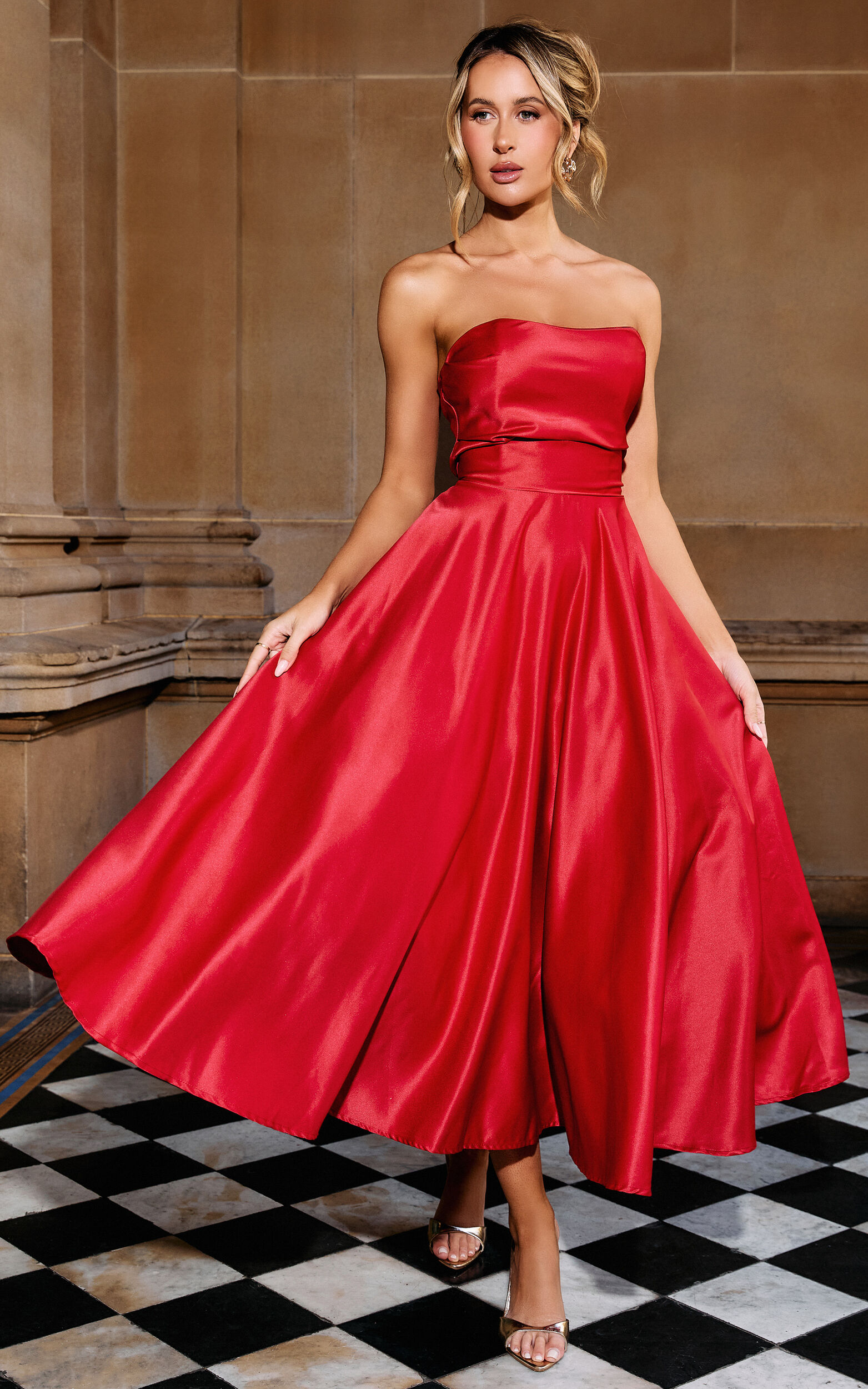 Helaina Midi Dress - Strapless A-Line Satin Dress in Red - 06, RED1