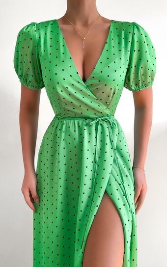 Kori Midi Dress in Green Polka