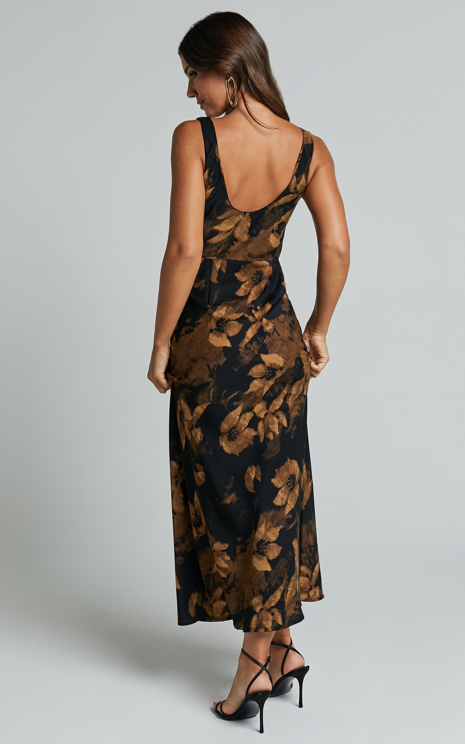 Dara Midi Dress - Low Neck Sleeveless Slip Dress in Amber Floral Print ...
