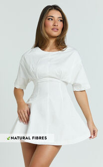 Dylan Mini Dress - High Boatneck Sleeved Fit And Flare Skirt Dress in White