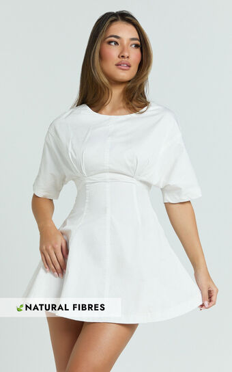 Dylan Mini Dress - High Boatneck Sleeved Fit And Flare Skirt Dress in White