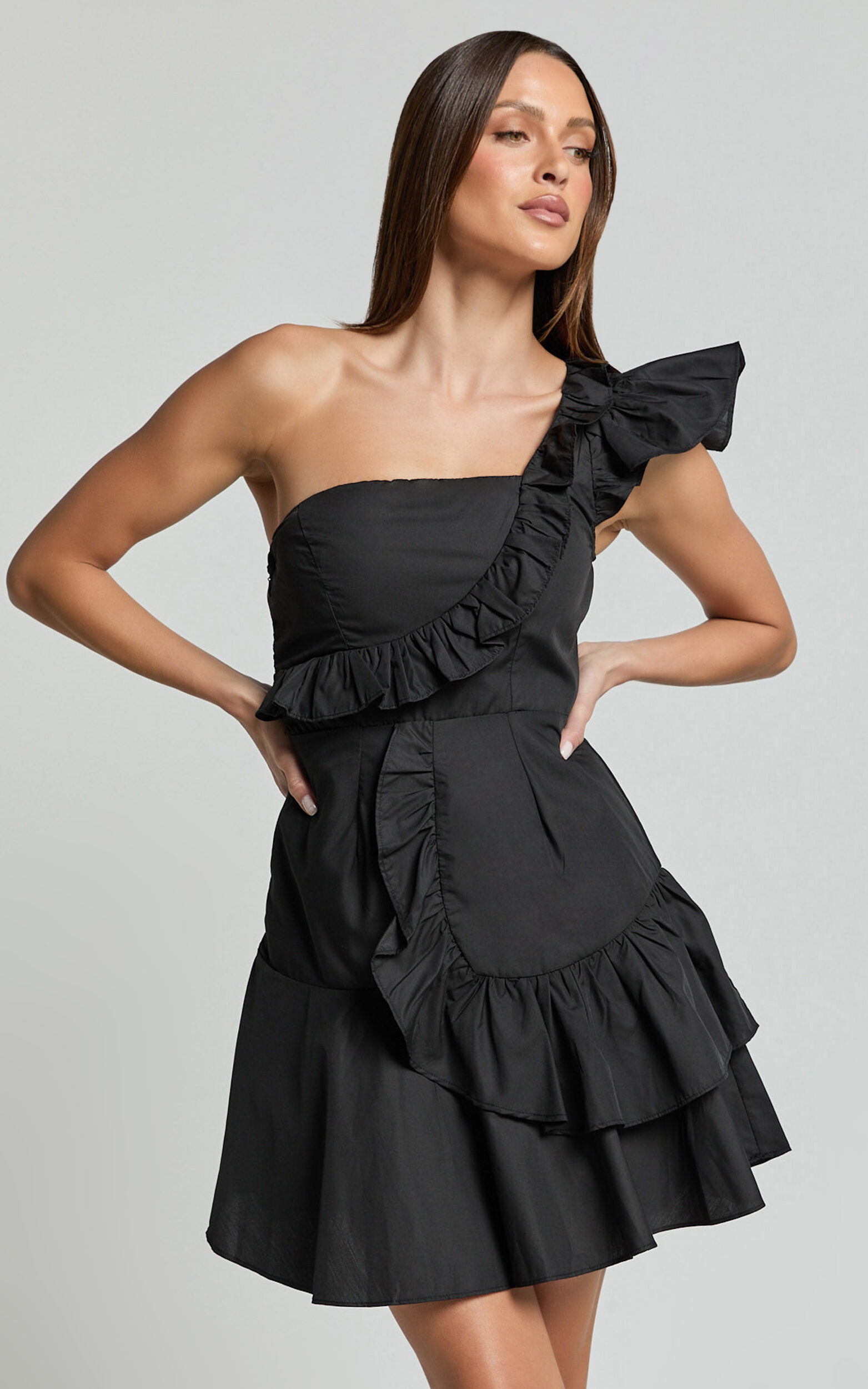 Valerie Mini Dress - One Shoulder Ruffle Detail A Line Dress in Black - 06, BLK1