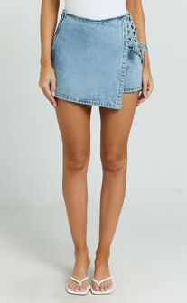 Ronnie Skort - Mid Waist Lace Up Denim Skort in Light Blue Wash