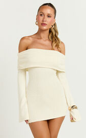 Pietra Mini Dress - Knitted Off Shoulder Dress in Cream | Showpo