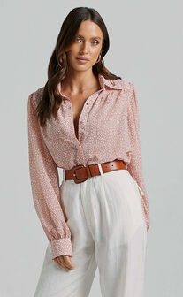Milane Blouse - Collared Button through Long Blouson Sleeve in Pink & White Print