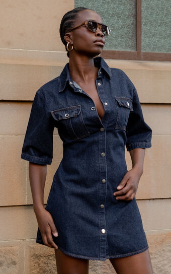 Leilani Mini Dress - Denim Short Sleeve Button Up Dress in Indigo Denim