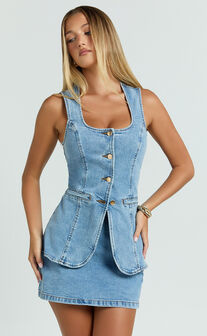 Raquel Top - Denim Scoop Neck Button Down Vest in Mid Blue Wash