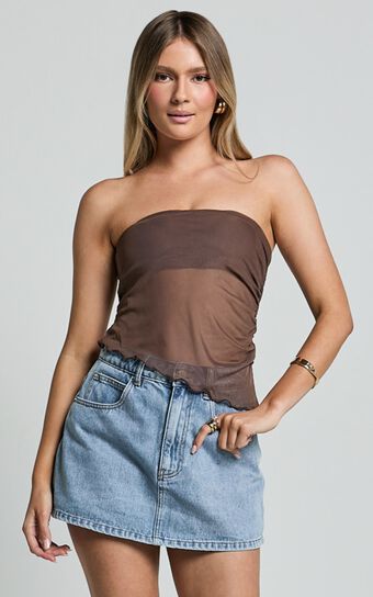 Bessie Top - Asymmetric Strapless Sheer Top in Chocolate