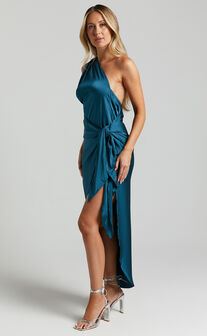 Rovelyn Midi Dress - One Shoulder Tie Front Dress in Teal