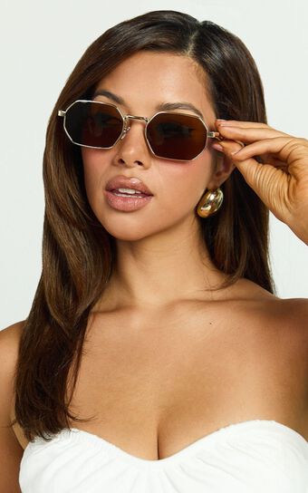 Zita Sunglasses - Octagonal Thin Frame Sunglasses in Brown/Gold