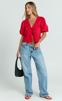 Dana Top - Bow Tie Front Puff Sleeve Blouse in Red