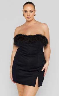 Rhaiza Mini Dress - Faux Feather Trim Strapless Dress in Black