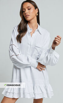 Edna Mini Dress - Button Up Long Sleeve Shirt Dress in White
