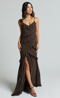 Nitha Maxi Dress - Asymmetrical Frill Thigh Split Dress in Chocolate