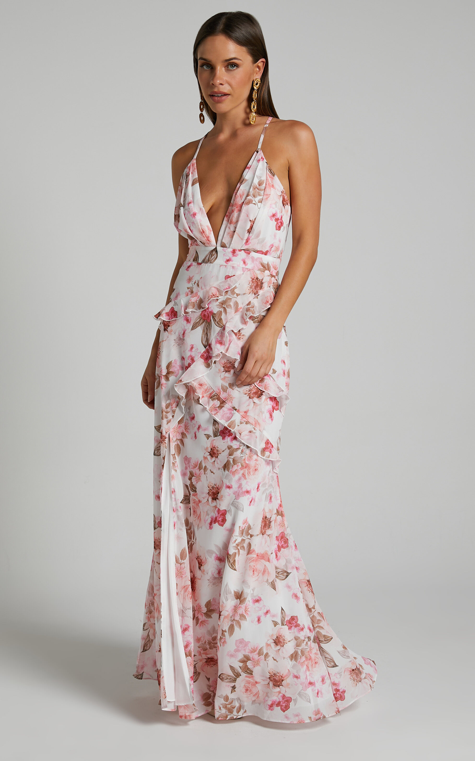Suanie Midi Dress Ruffle Detail Tiered Dress in Bouquet Floral