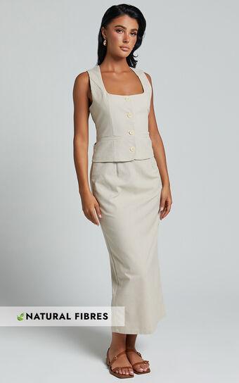 Elias Two Piece Set - Linen Look Square Neck Vest Top And Column Midi Skirt in Natural