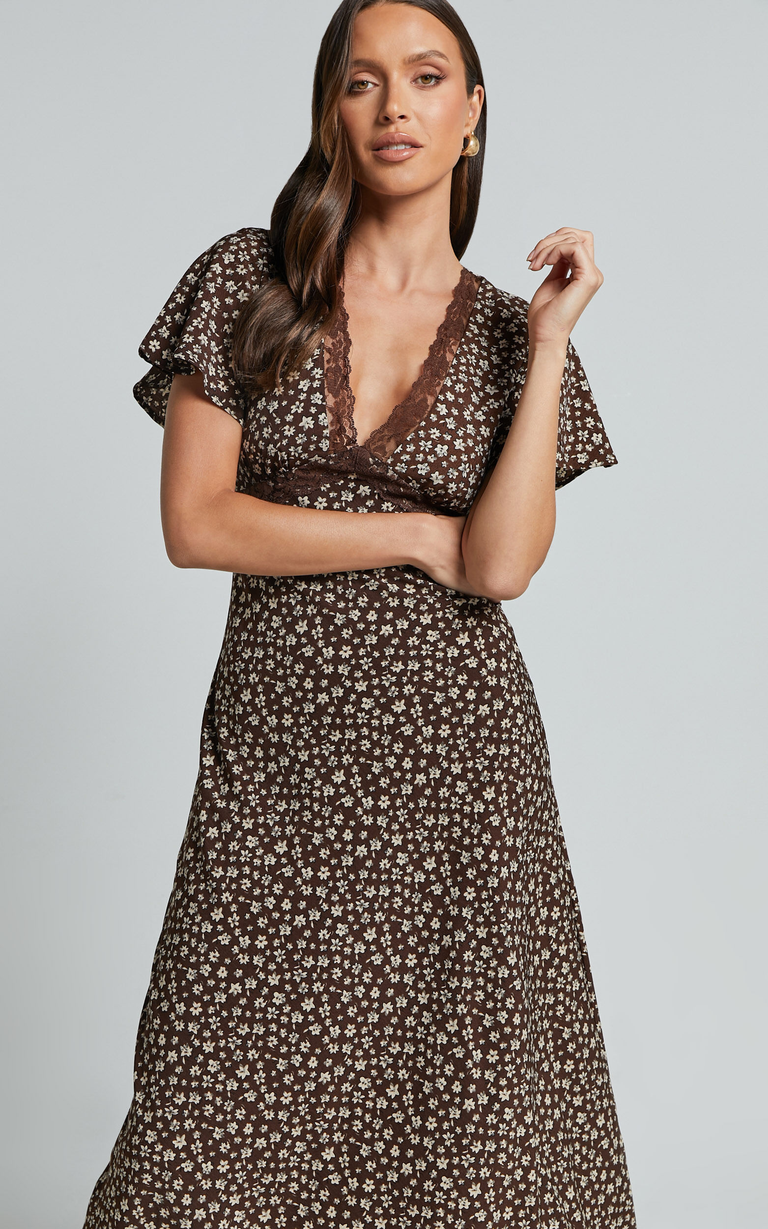 Vanya Midi Dress - V Neck Short Sleeve Lace Trim Tie Back Slip Dress in  Chocolate Floral | Showpo USA