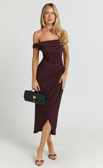 Aidia Midi Dress - Off Shoulder Draped Corset Dress in burgundy