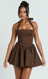 Helda Mini Dress - Halter Tie Neck Corset Panel Dress in Chocolate