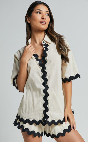 Asmara Two Piece Set - Scallop Detail Button Up Shirt and Short Two Piece Set in Black and Cream