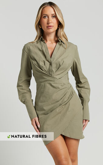 Ryzza Mini Dress - Long Sleeve Wrap Skirt Shirt Dress in Olive